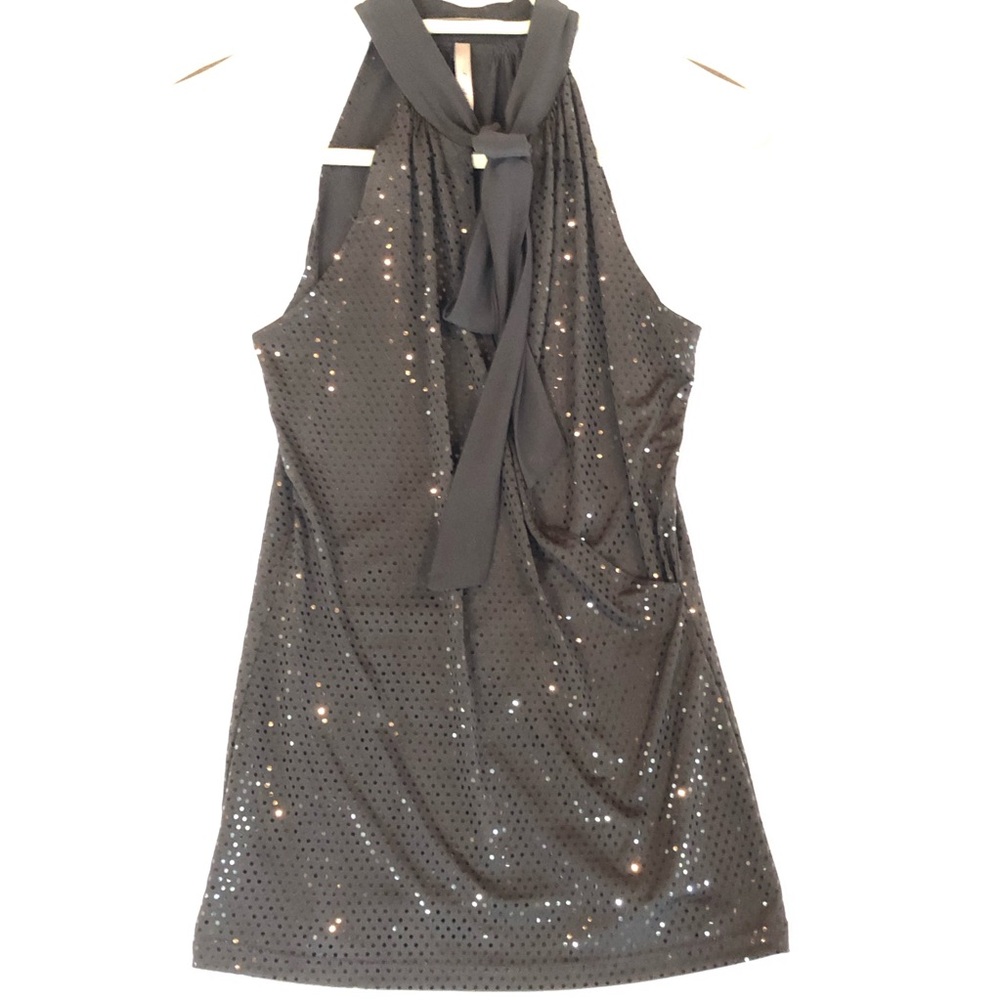 French Kiss Y2K Black Silver Metallic Foil Dot Halter Wrap Top Small